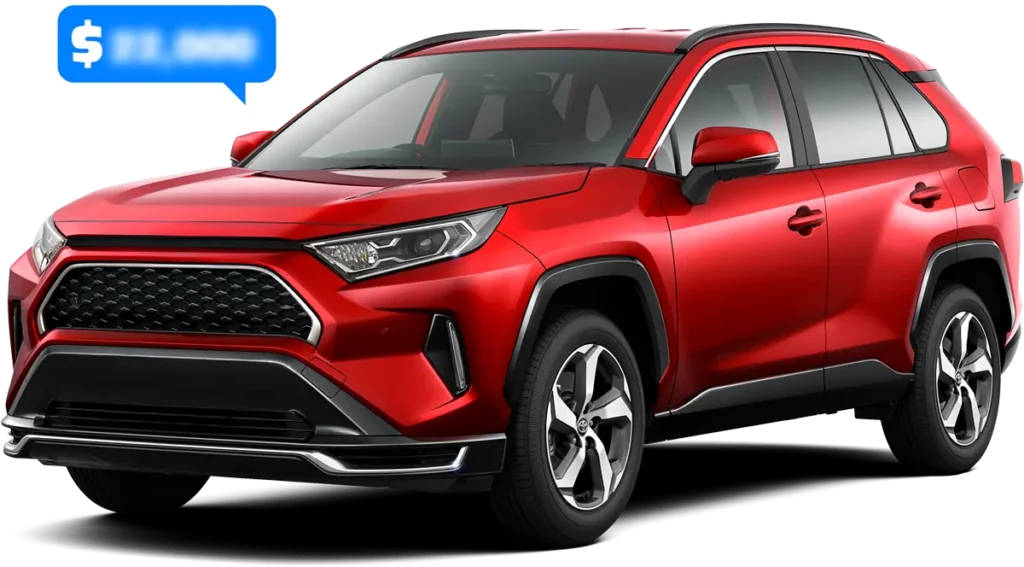 Red SUV with a cash offer bubble, showing CarBuy’s mobile car-buying service.